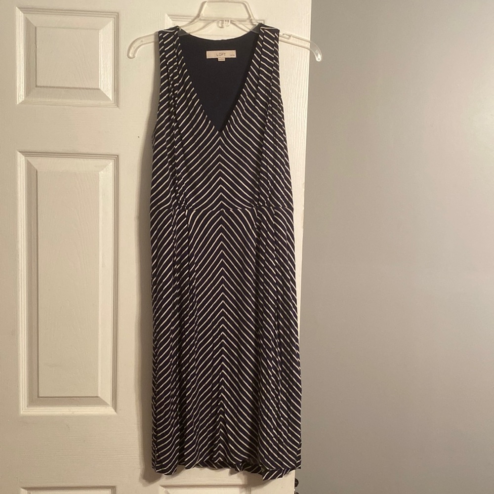 Loft Medium V-Neck Maxi Petite Blue/White Lined Dress